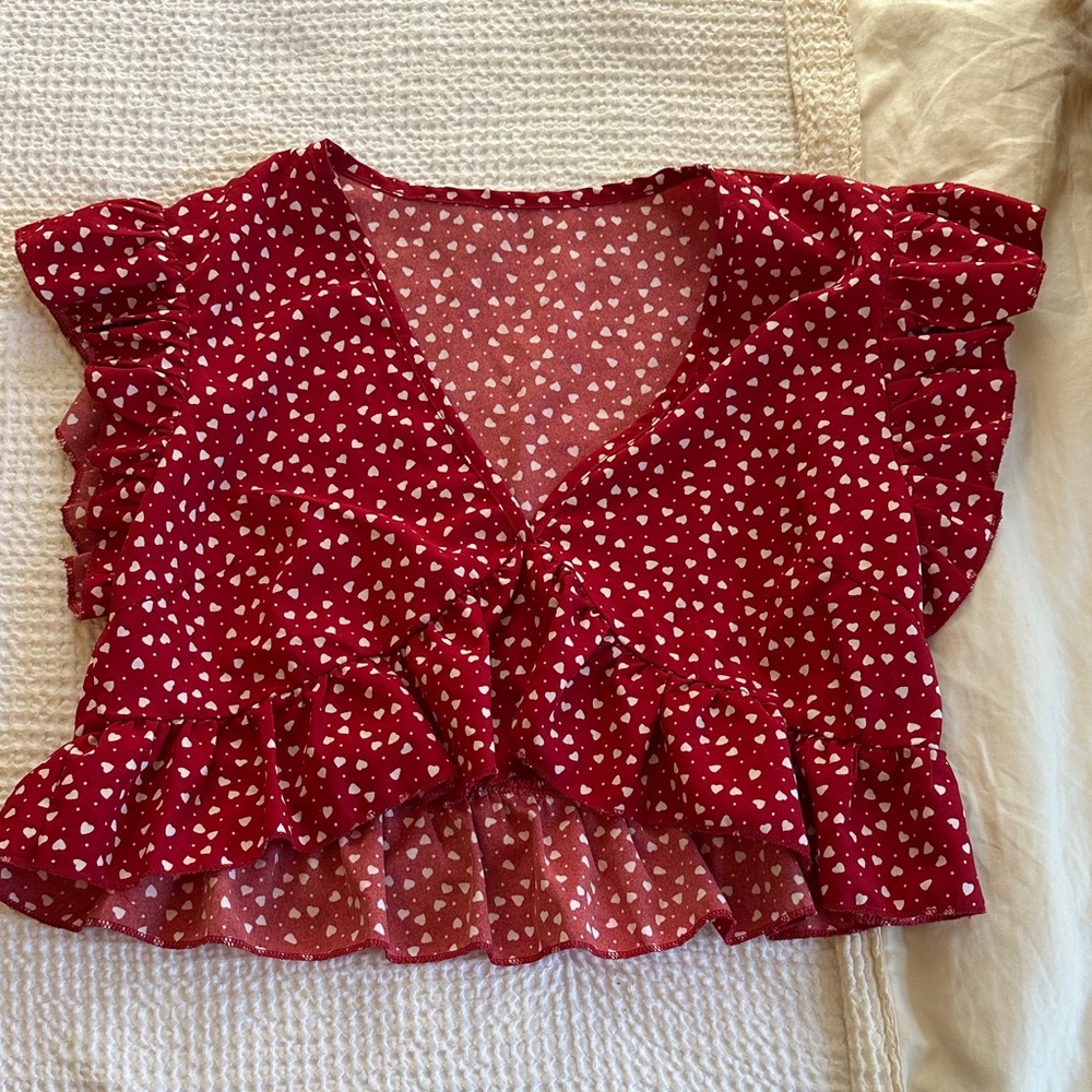 SHEIN Burgundy Heart Print Ruffle Blouse